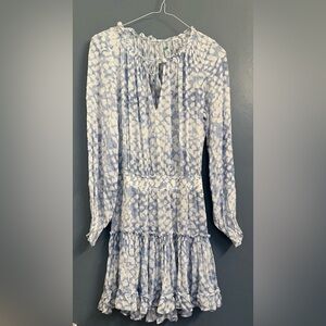 Long Sleeve Smocked Mini Dress Blue And White Print Size S 100% Rayon Summer